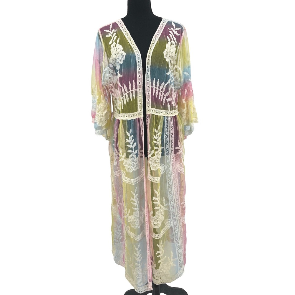 Rachel Zoe Kimono Womens OS Rainbow Multi Mesh‎ Floral Embroidered Boho Duster